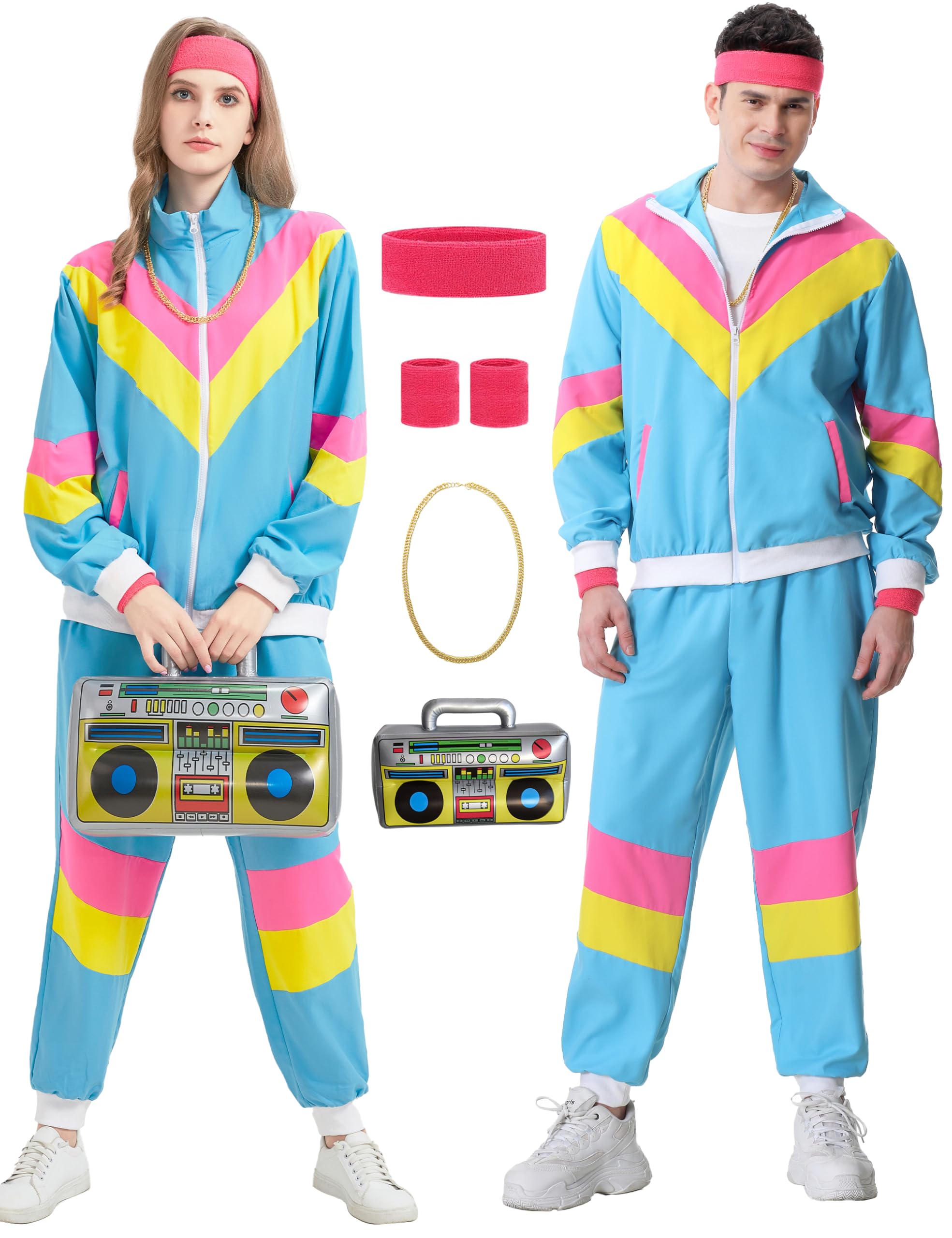 Owurha 80s Tracksuit for Men Women 90s Retro Windbreaker Outfit 80s Costume for Couples 80s Track Suit for Adult