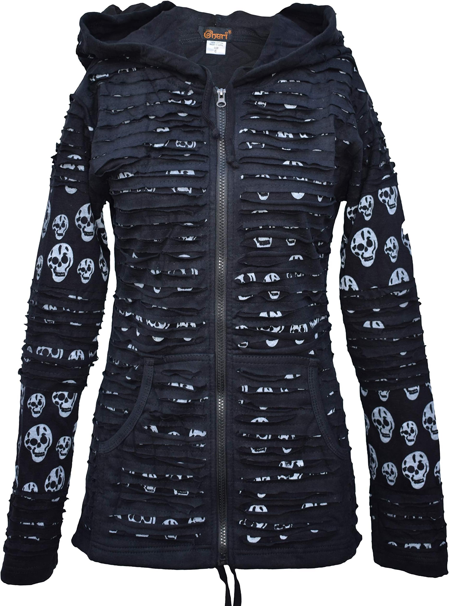 – Women's Skull Printed Slashed Razor Cut Emo Gothic Ribs Hoodie Jacket