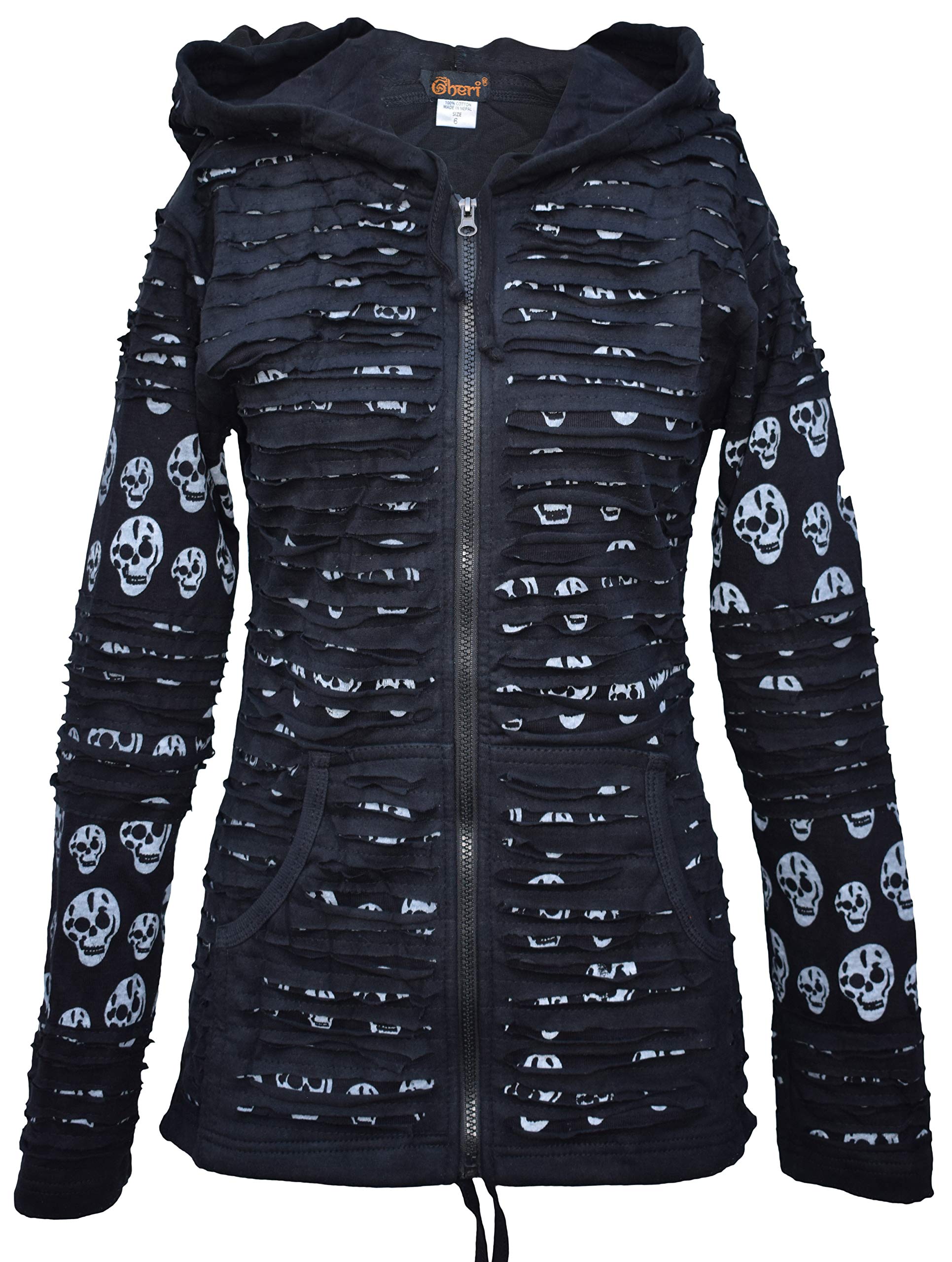 GheriWomen's Skull Printed Slashed Razor Cut Emo Gothic Ribs Hoodie Jacket