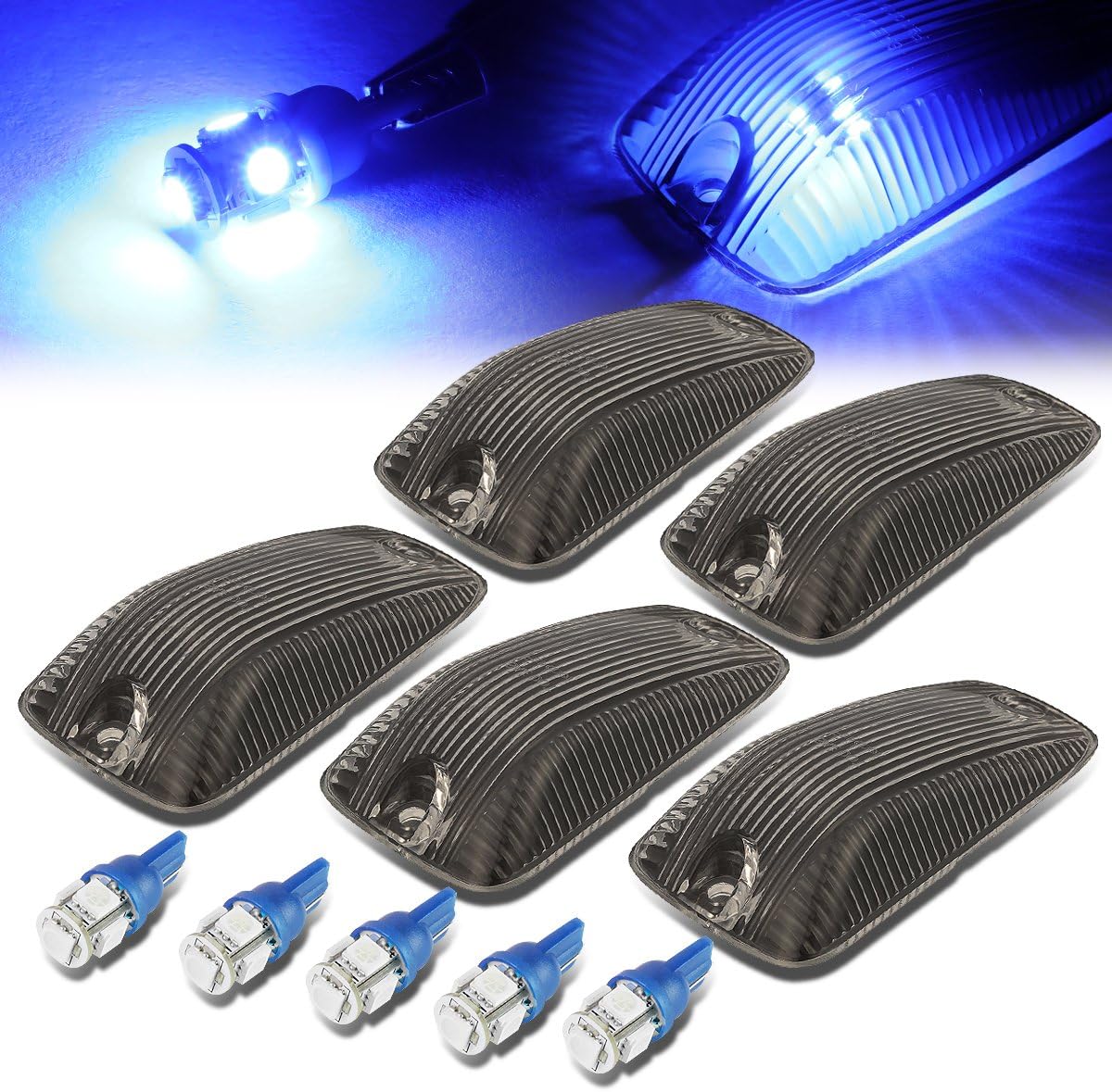Auto Dynasty Compatible with GMC C/K Series 1500-3500 5 X LED Cab Roof Top Light Lens - Bulbs (Smoked Housing Blue LED)
