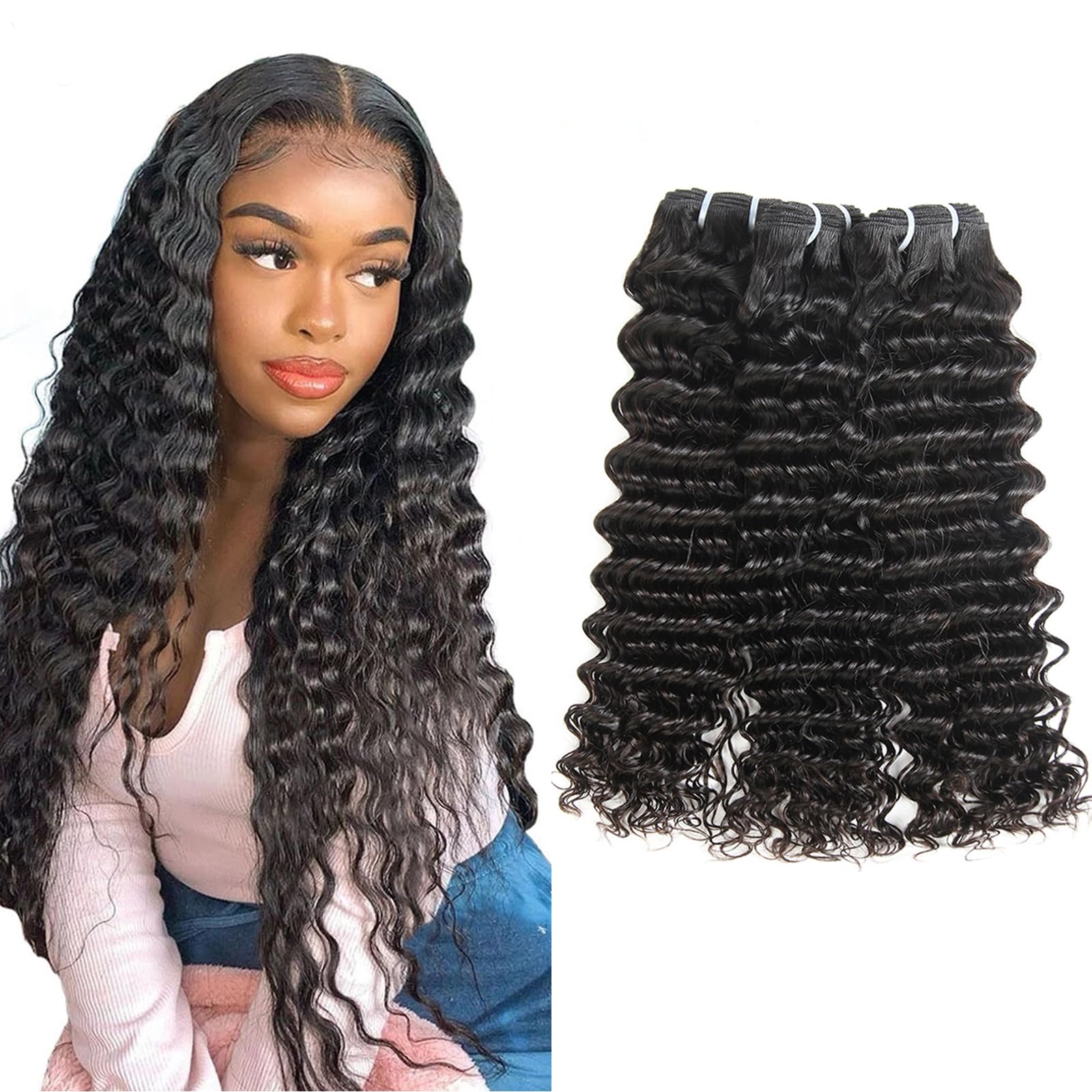 12A Human Hair Bundles 10 12 14 Inch Deep Wave Bundles Human Hair 100% Unprocessed Brazilian Virgin Deep Curly Weave 3 Bundles Hair Extensions for Women Natural Color