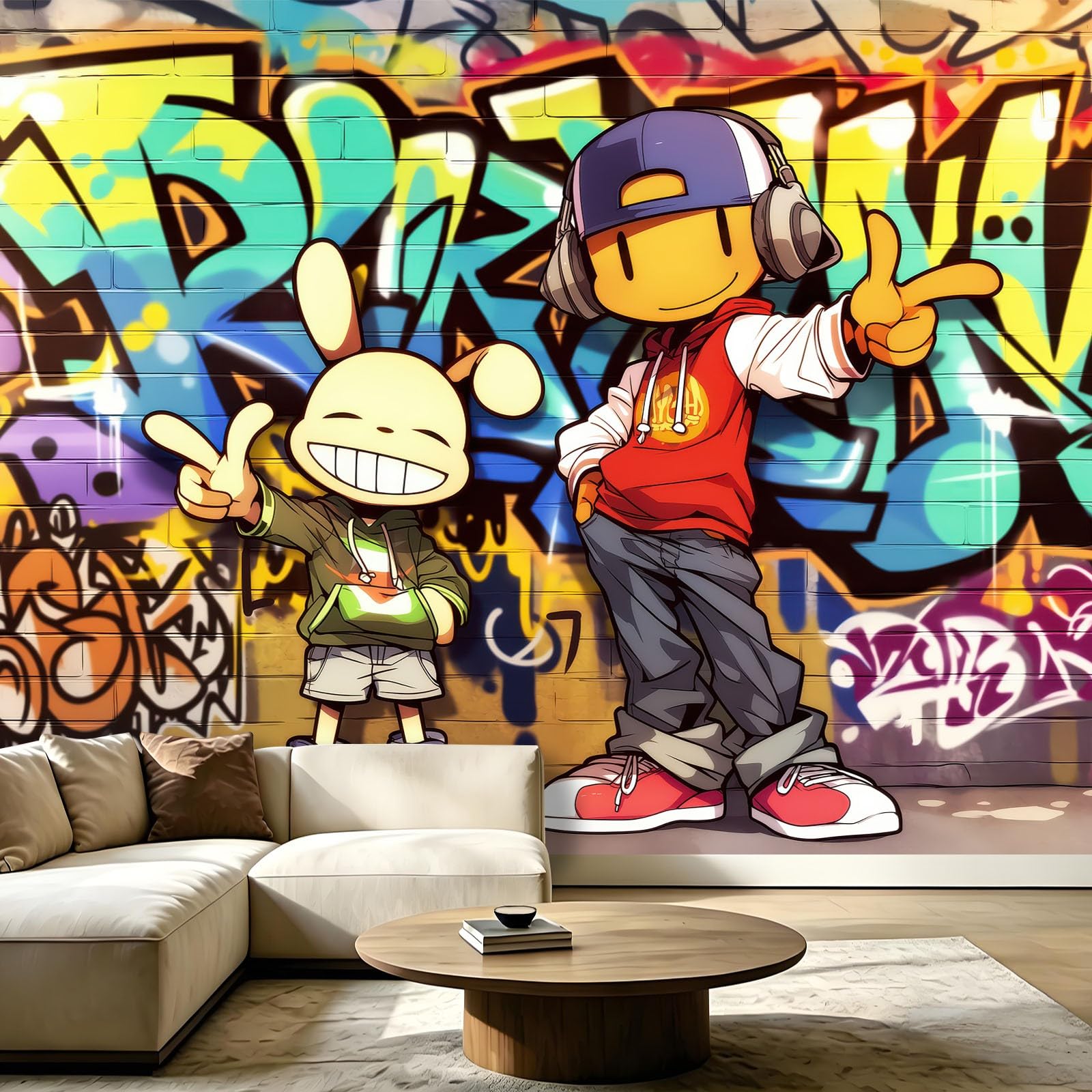 Générique Panoramiczna tapeta uliczna sztuka amerykańska kreskówka graffiti 350 x 256 cm ogromny plakat ścienny niestandardowy do salonu, sypialni, pokoju dziecięcego - Hip-hop lalki litery ściana