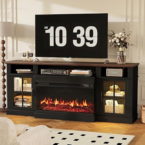 70 inch Fireplace TV Stand for TVs up to 80" with Electric Fireplace, Farmhouse Media Entertainment Center with LED Lights and Glass Door, Modern TV Consoles for Living Room, Black