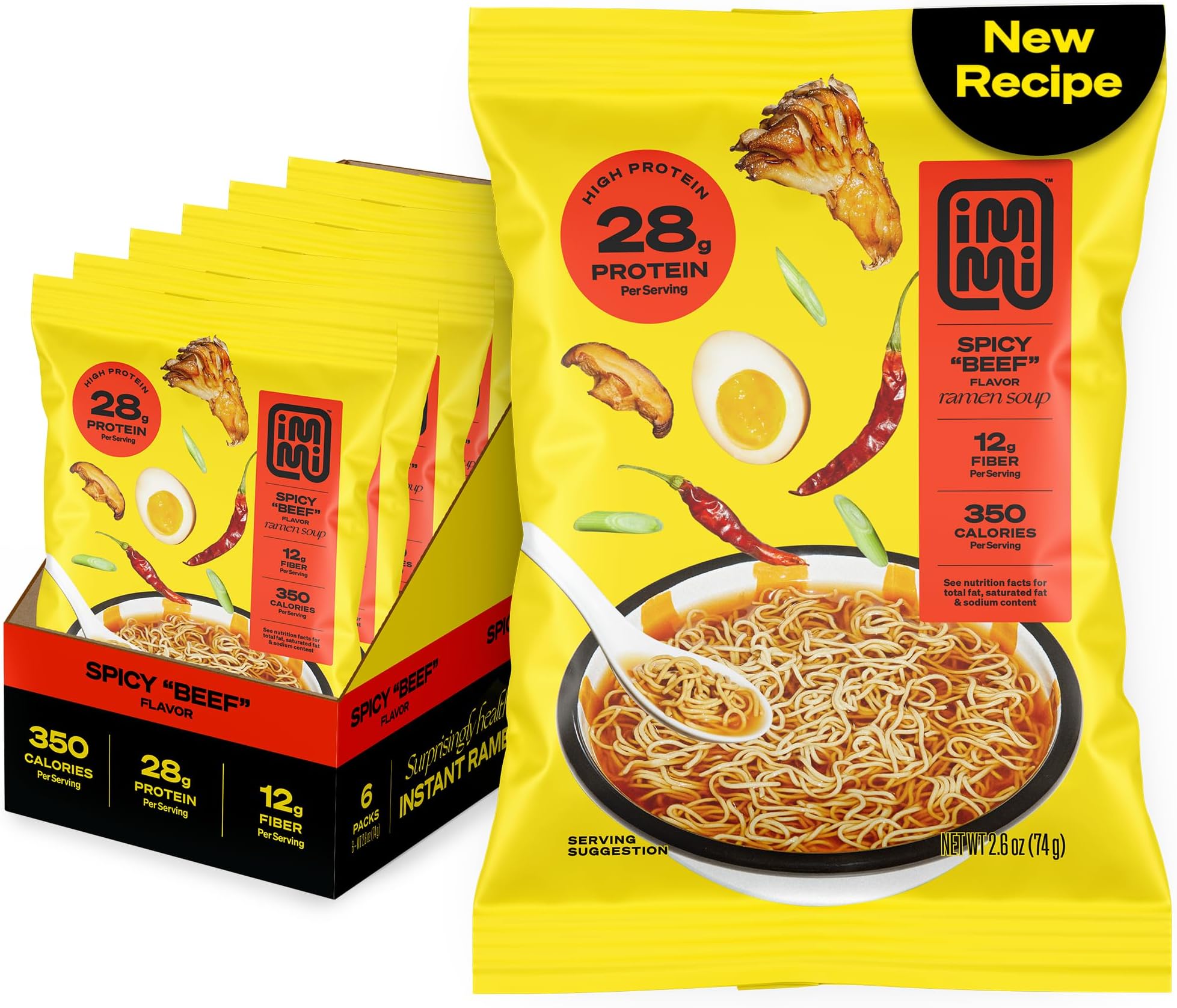 immi Spicy “Beef” Ramen – Improved Taste, Better Texture & More Protein – Vegan, High Protein Ramen Noodles – Low Carb, Zero Sugar – Healthy Keto-Friendly Ramen Bowl, 6-Pack