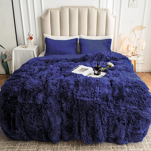 Shaggy - Juego de funda de edredón de peluche suave de lujo con cierre de cremallera, 3 piezas, juego de 1 funda de edredón de pelaje sintético + 2