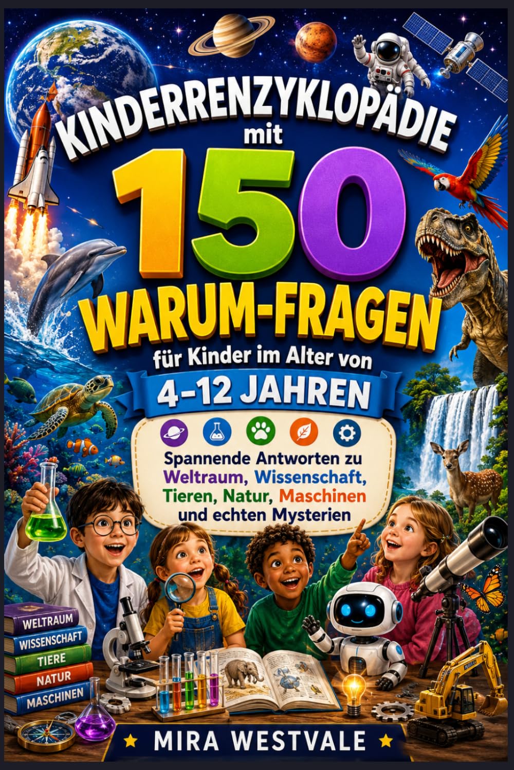 Kinderenzyklopädie mit 150 Warum-Fragen für Kinder im Alter von 4–12 Jahren: Spannende Antworten zu Weltraum, Wissenschaft, Tieren, Natur, Maschinen und echten Mysterien