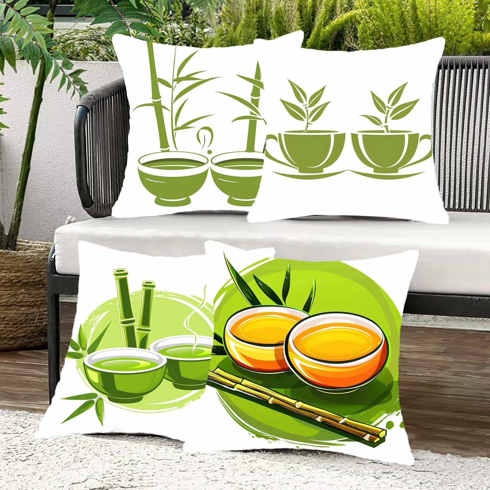 Kissenbezug 60x60 cm Bambus 4er Set Sofakissen Superweichem Doppelnähten Versteckter Reißverschluss Grün Outdoor Kissen Leinen gelten für Auto Terrassen-Gartenbank Wohndeko Schlafzimmer Sofa U-2