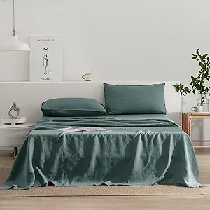 EVERLY Linen Sheets California King Size,100% Stonewashed French Linen Sheets Deep Pocket Sheets,4Pieces (1Flat Sheet,1Fitted Sheet,2Pillowcase) Natural Flax Soft and Breathable for Hot Sleepers-Aqua