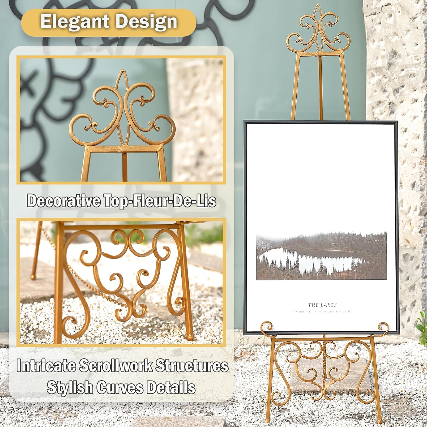 15"L x 25.5"W x 56.5"H Metal Scroll Extra Large Free Standing Adjustable Display Stand Easel with Chain Support, Heavy Duty Easel for Sign, Wedding, Picture Frame, Mirror, Gold (No Assembly Required)