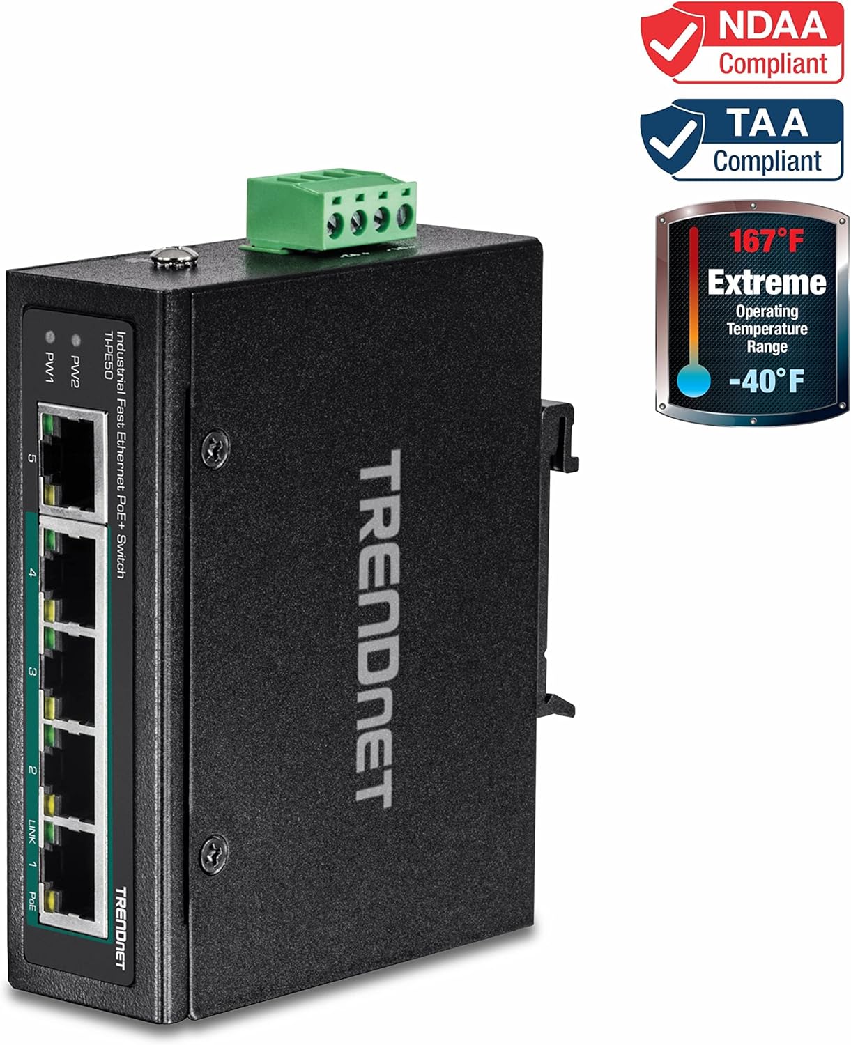 TRENDnet 5-Port Industrial Unmanaged Fast Ethernet PoE+ DIN-Rail Switch, TI-PE50, 200W Power Budget, IP50 Rated, NDAA TAA Compliant, Lifetime Protection