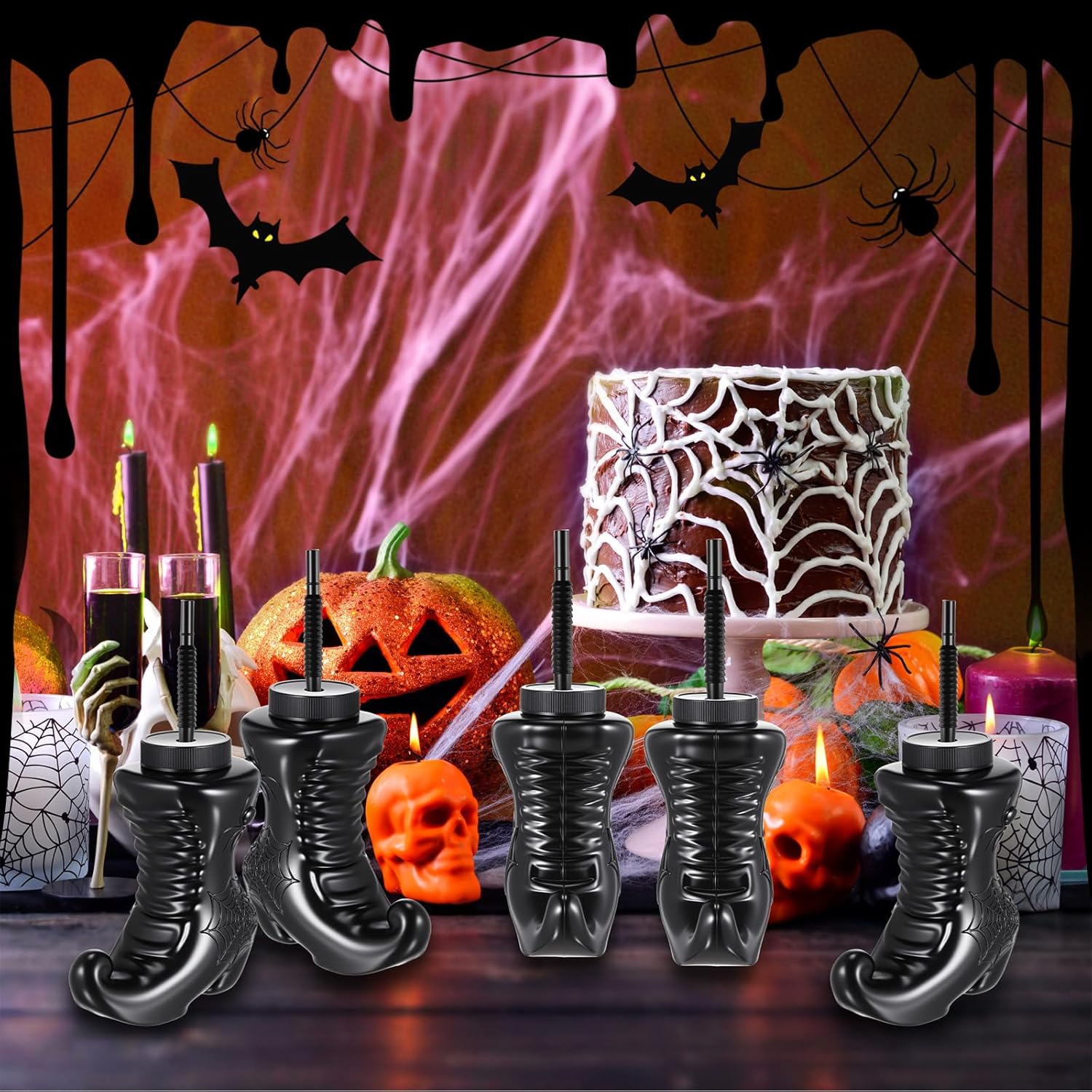 Hoolerry 24 Pack Halloween Witch Shoes Cup with Straw and Lids Witch Party Favors 10 oz Reusable Plastic Black Boots Cups for Birthday Halloween Themed Party Supplies Decoration Gifts