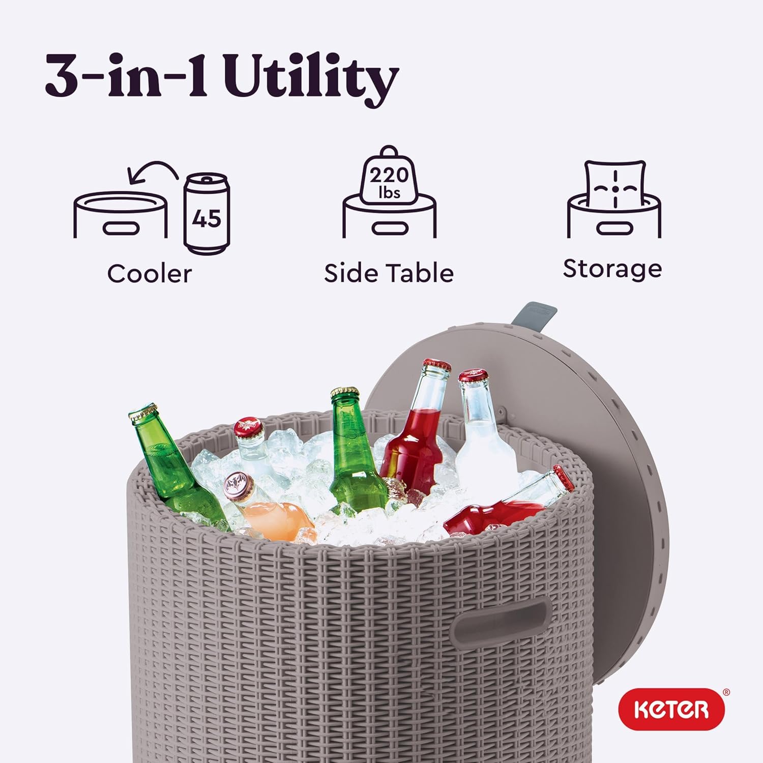 Keter Cool Side Table Cooler 3 in 1 Outdoor Patio Table and Ice Chest Storage, Ideal Hot Tub Table, Decor and Outdoor Patio Bar, Portable Bar, Cappuccino