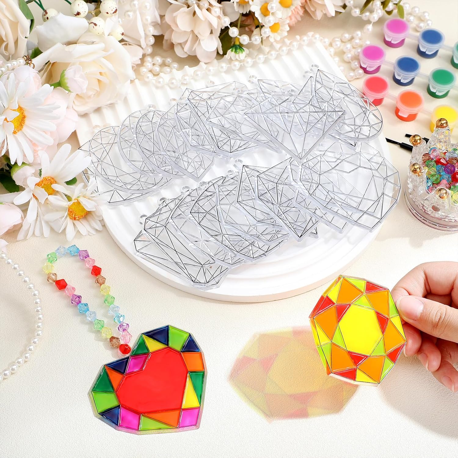 30 Sets Jewel Suncatchers Window Art Kits, DIY Sun Catchers Bulk Crafts Paint Your Own Window Jewel Gemstone Diamond Ornaments for Boys Girls Classroom Home Party Birthday Activity Decor