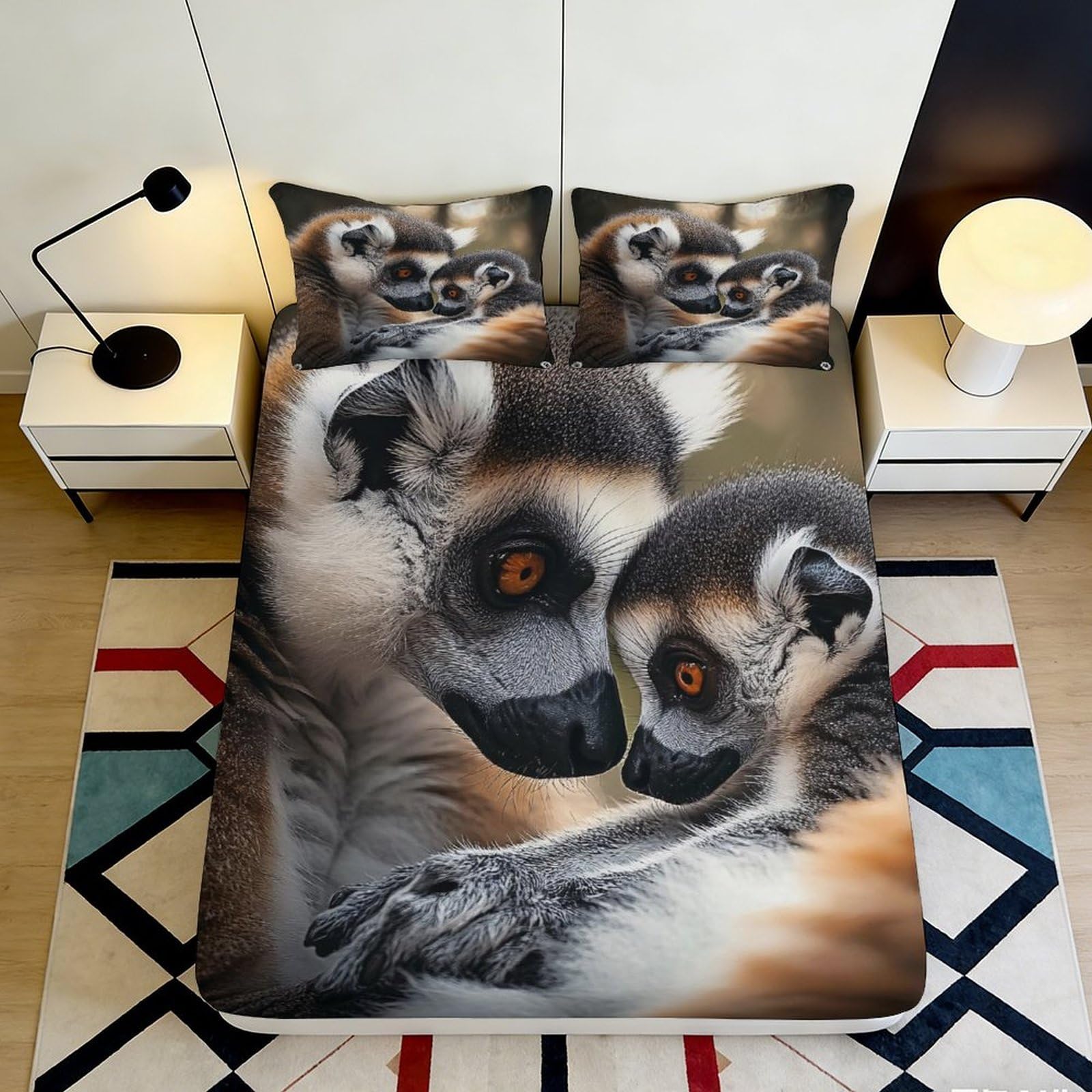 Decorative Lemur Fitted Sheet, 3D Printed, Microfiber, Soft Touch, Bed Cover, Wrinkle Resistant, Apartment Bedding, Bedroom Decor, Easy Care, Anti-Slip, Dustproof, Multi-Scene, 118 Chars 90x200x25cm