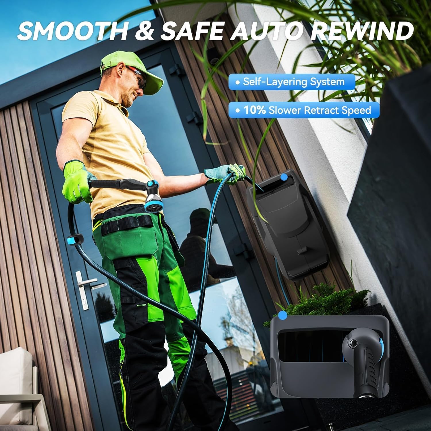 Retractable Garden Hose Reel, 5/8 in x 100 ft Wall Mount Heavy Duty Hose Reel with Any-Length Lock, Auto Rewind System, 180° Swivel Bracket, and 10-Pattern Nozzle for Garden, Dark Grey