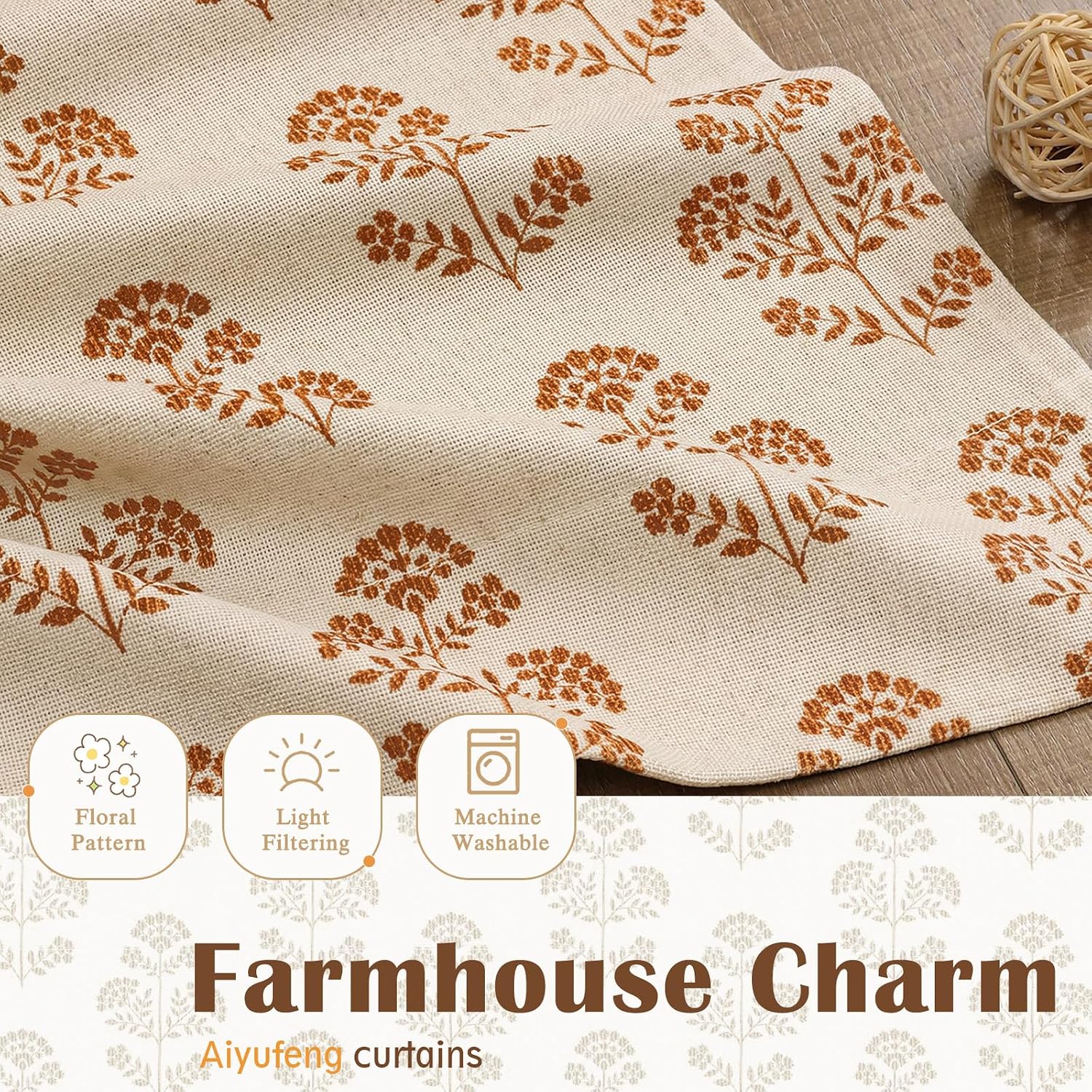 Aiyufeng Orange Floral Short Curtains 36 Inch Length 2 Panels,Soft Airy Light Filtering Faux Linen Textured Half Window Tiers for Kitchen Bedroom Living Room，Each 30x36 Inch