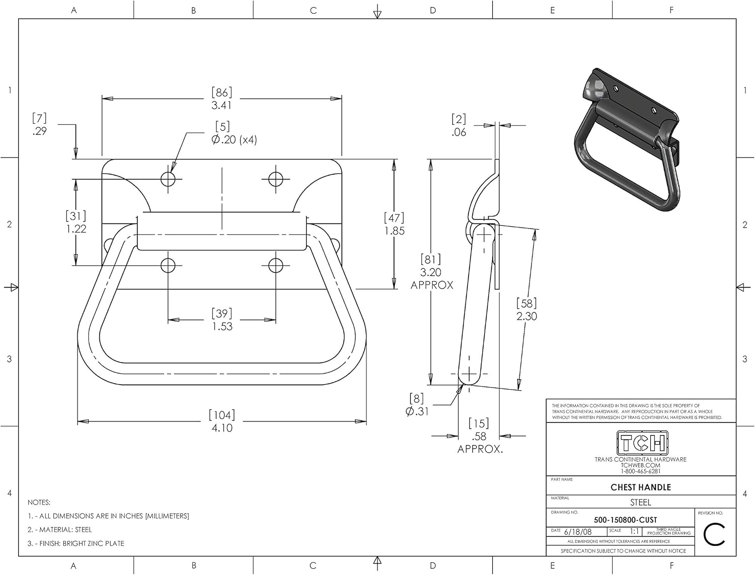 TCH Hardware 10 Pack Steel Surface Mounted Chest Handle - Zinc Plated