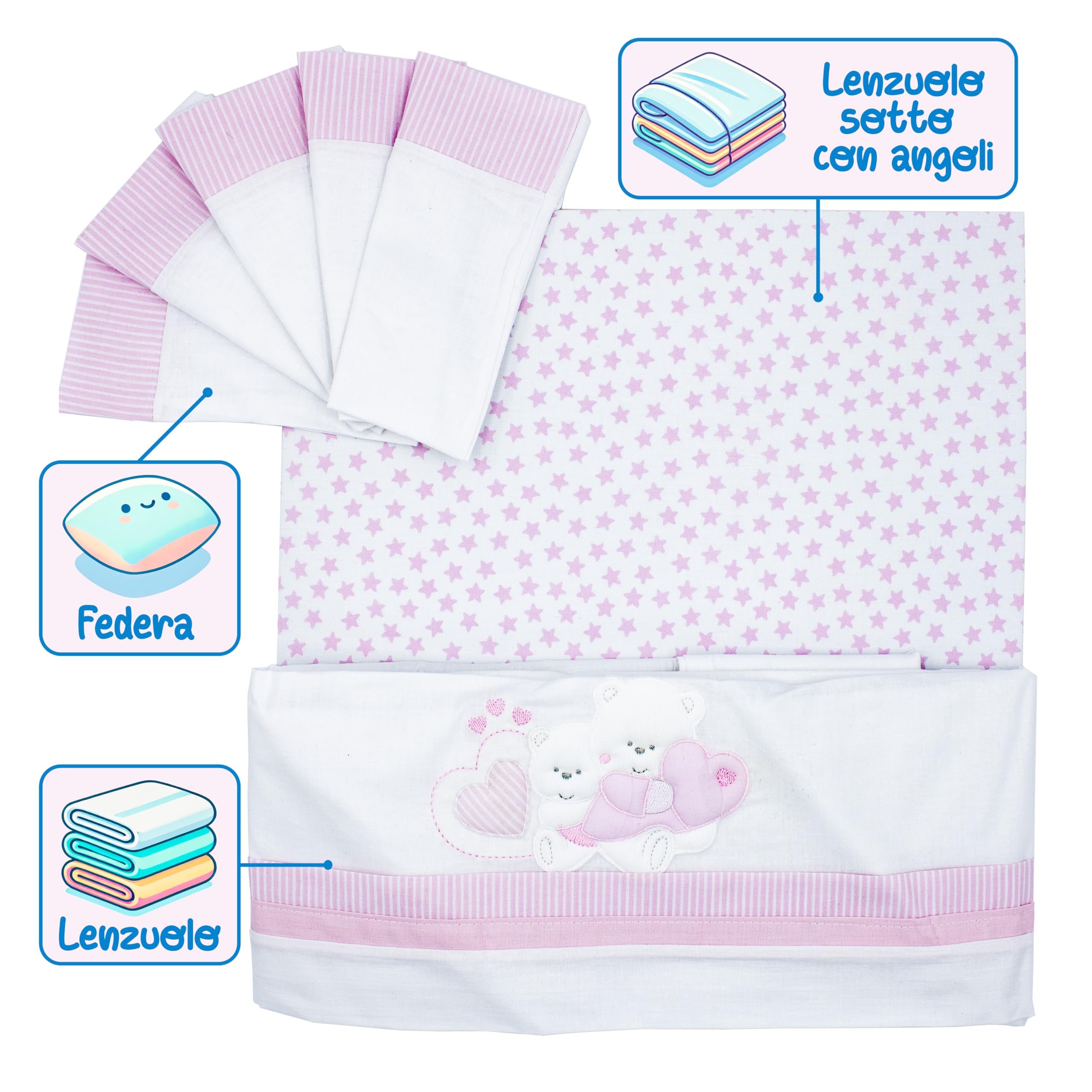 PASTELLO - Juego de cama de 3 piezas, 100% algodón para bebé, juego de sábanas con bordado (Art. LL9E, rosa)