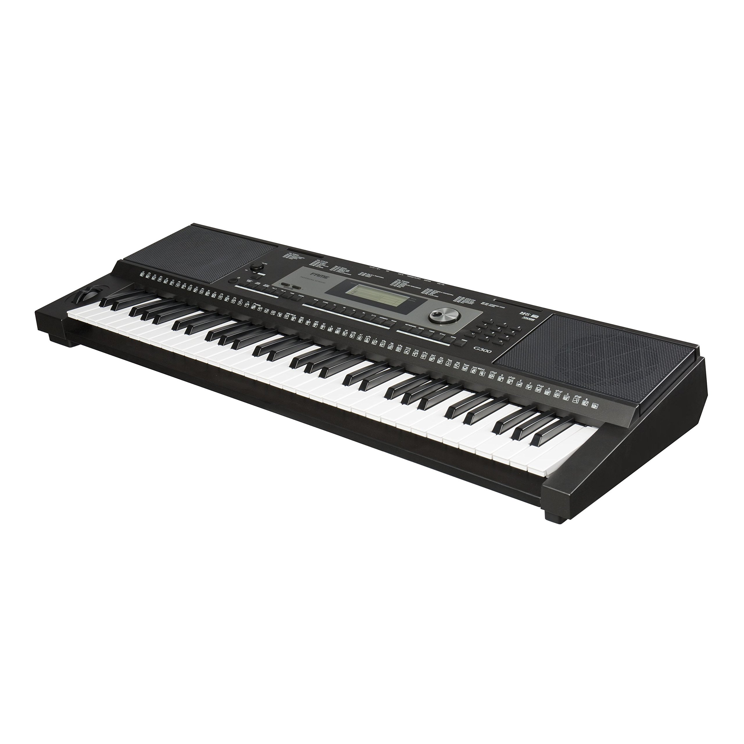 Fame G-300 Keyboard, E-Piano mit 128-facher Polyphonie, 61 Tasten, 220 Styles, 633 Sounds, anschlagdynamischer Klaviatur, 150 Songs, Lautsprechern und Hammermechanik, Schwarz