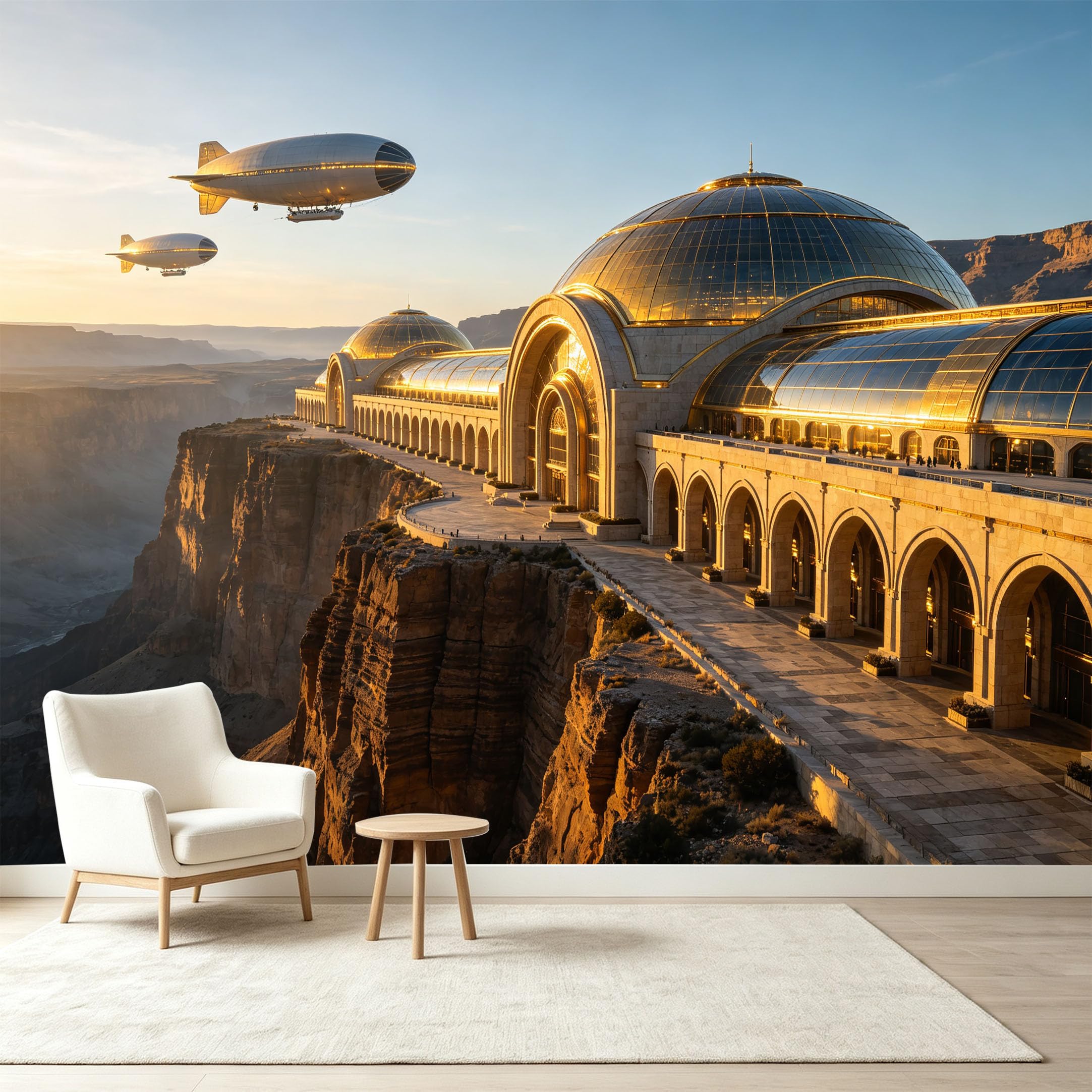 Custom Size Wall Murals Futuristic Canyon Palace Airship Sunset Scene 3D Trompe L'Oeil Self-Adhesive Wall Fabric Removable Wallpaper Wall Decor for Living Room Bedroom Bathroom