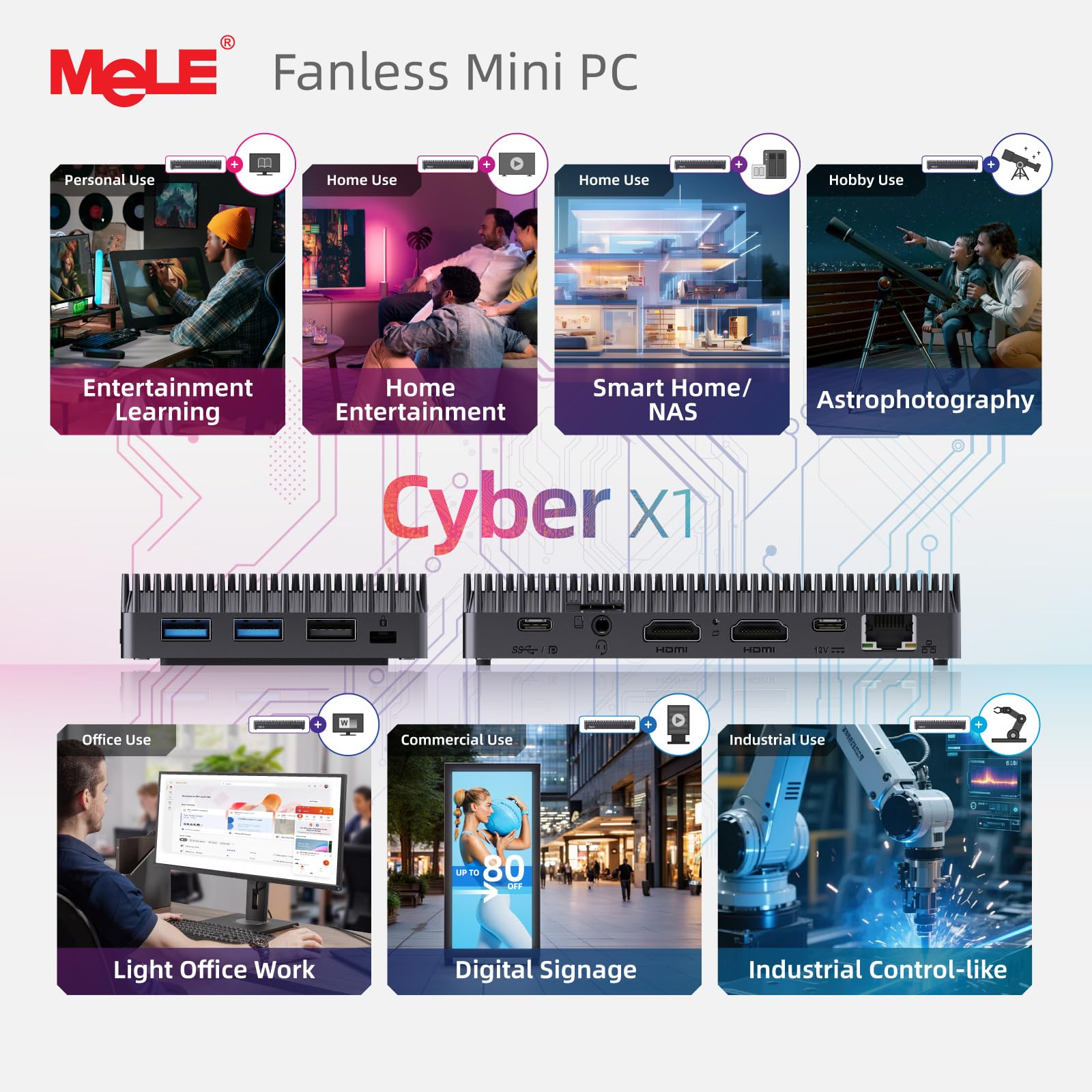 MeLE Cyber X1 Mini PC Sin Ventilador, N150 16GB 512GB, Dual HDMI, USBC Dispaly