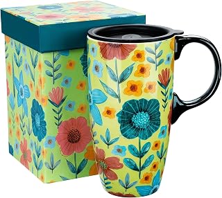 Topadorn 17oz Floral Coffee Mug with Lid & Gift Box | Playful Yellow Garden Mug, Whimsical Ceramic Tea Cup, Microwave & Dishwasher Safe, Gift for Flower Lovers