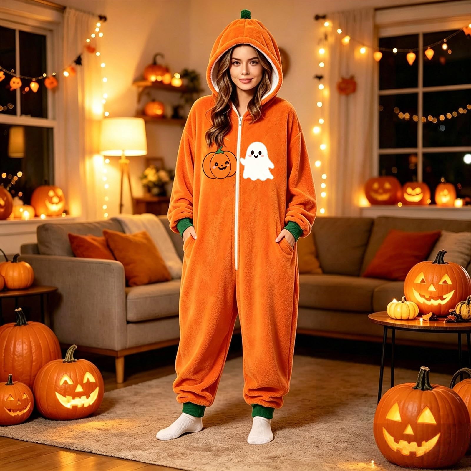 Generisch Tuta di Halloween da donna con morbido tessuto stampato, ideale per le feste, abbigliamento da casa, taglio unisex, tuta facile da pulire