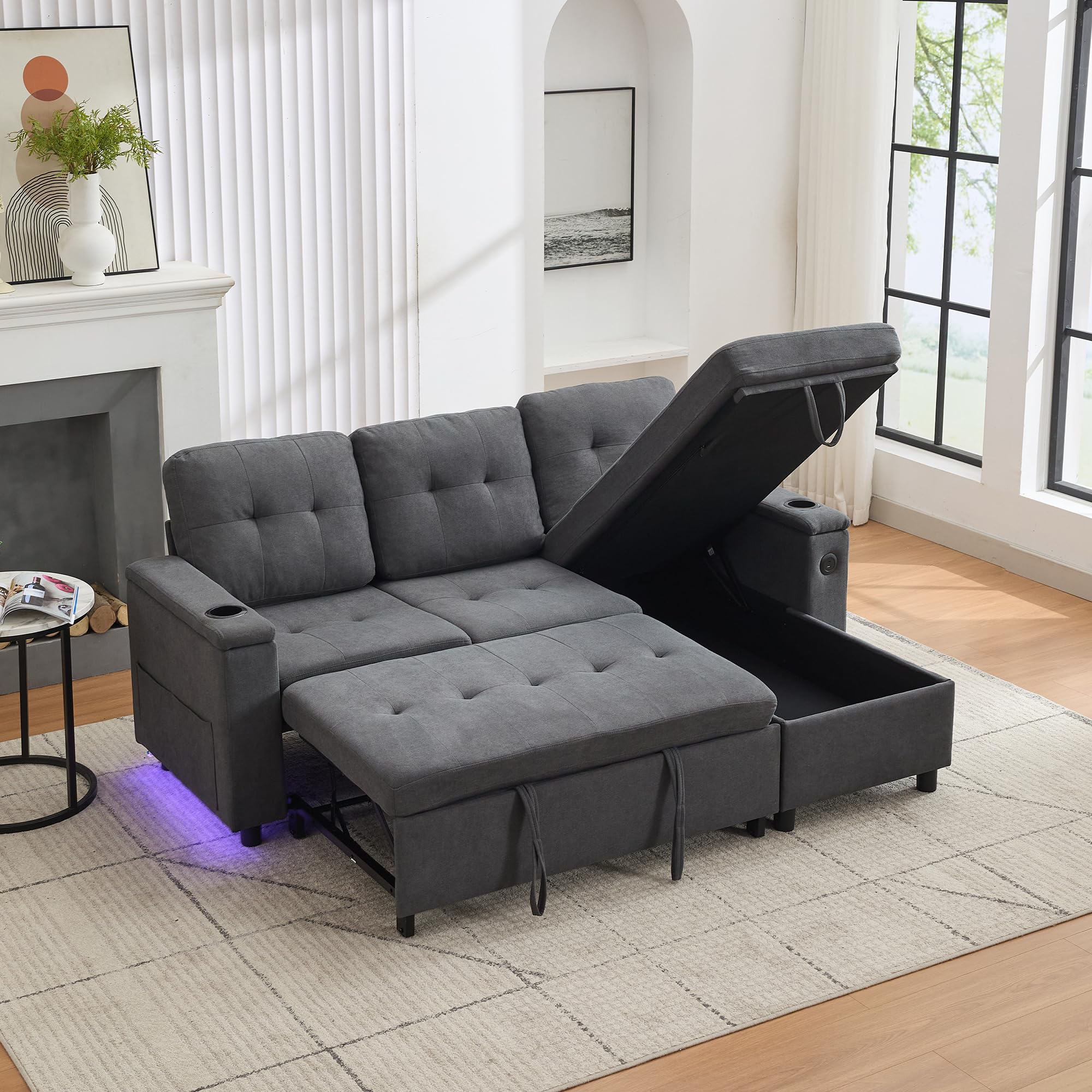 Sofá cama de 3 plazas, 208 × 146 cm, sofá plegable con espacio de almacenamiento y barra de luz LED, sofá con USB y tipo C, soporte para bebidas y bolsillos laterales, sofá esquinero en