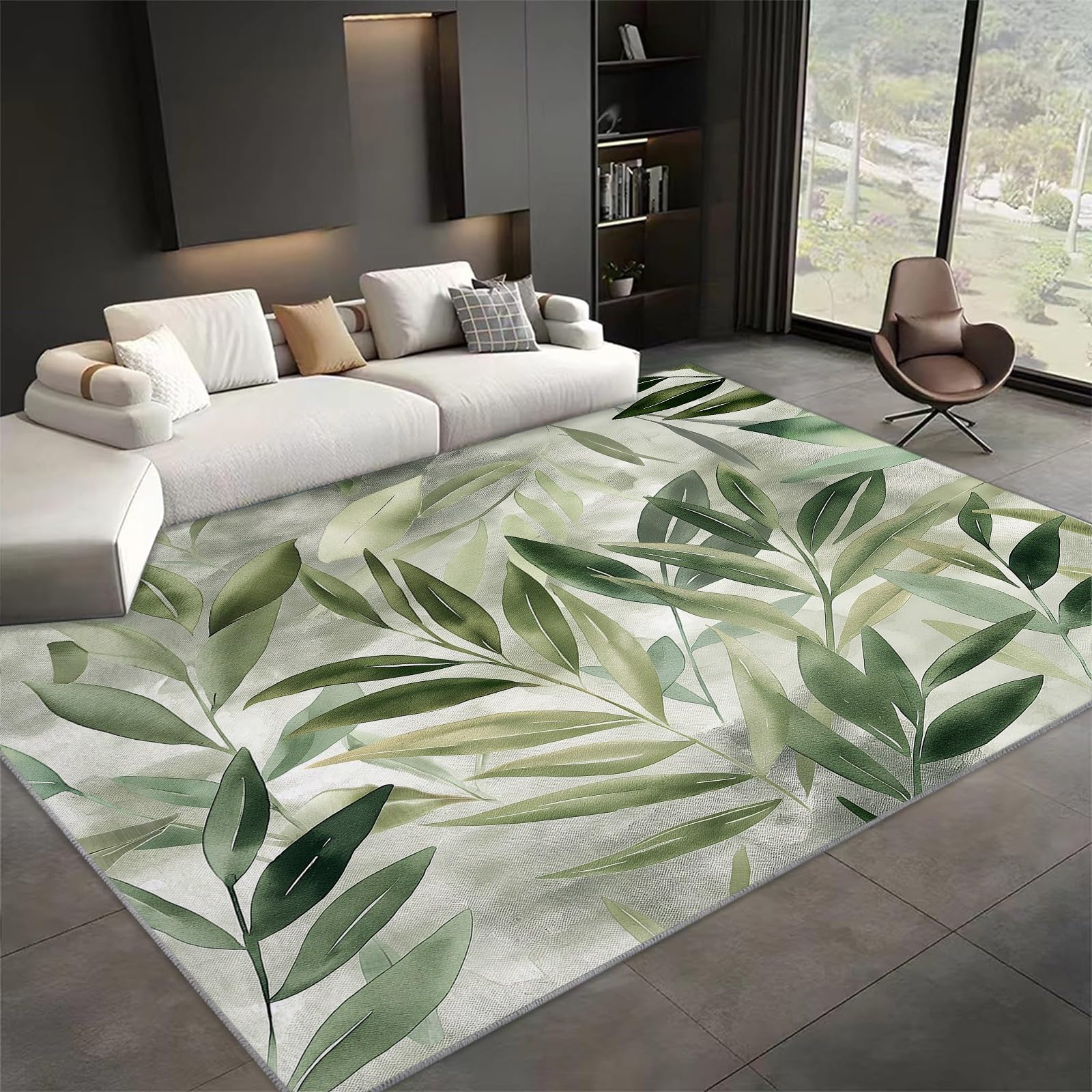 Generico Tappeto Salotto Moderno 120x180cm Giungla Foglie Verde Salvia Tappeti Camera da Letto Lavabile, Tappeto Soggiorno Pelo Corto Moderni Morbido Antiscivolo Tappeto Decor Interno