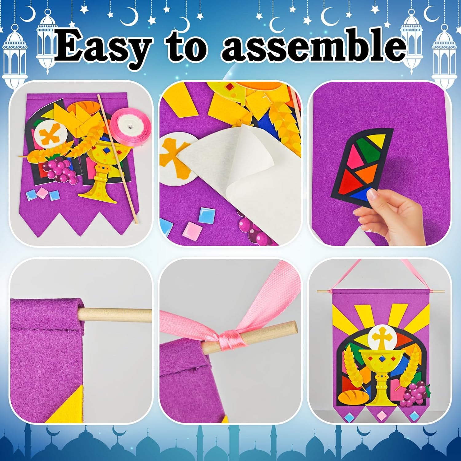 Cinrobiye 12 Set First Communion Religious Banner Felt Craft Kit DIY Easter Christian Banner Crafts Make Your Own Bible Hanging Felt Ornaments for Sunday School Art Project Activities Home Party Decor