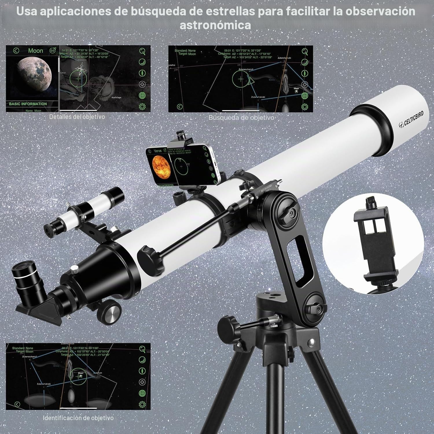 Celticbird Telescopico 90mm Apertura 1000mm Refractor para Adultos astronomía Principiantes niños con Ajuste de Alta precisión
