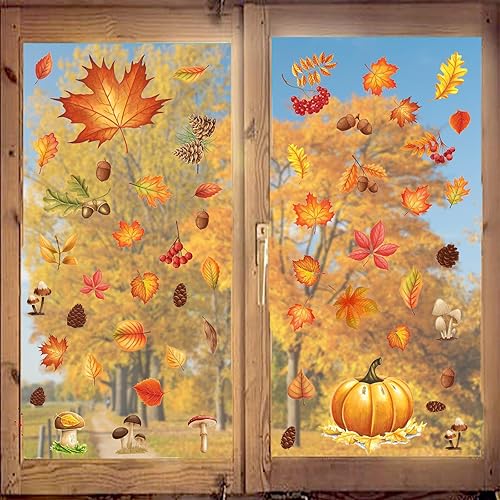 Adhesivos de otoño para ventanas de cristal, 71 piezas de calcomanías de otoño para ventana, hoja de arce, calabaza, decoración de Acción de