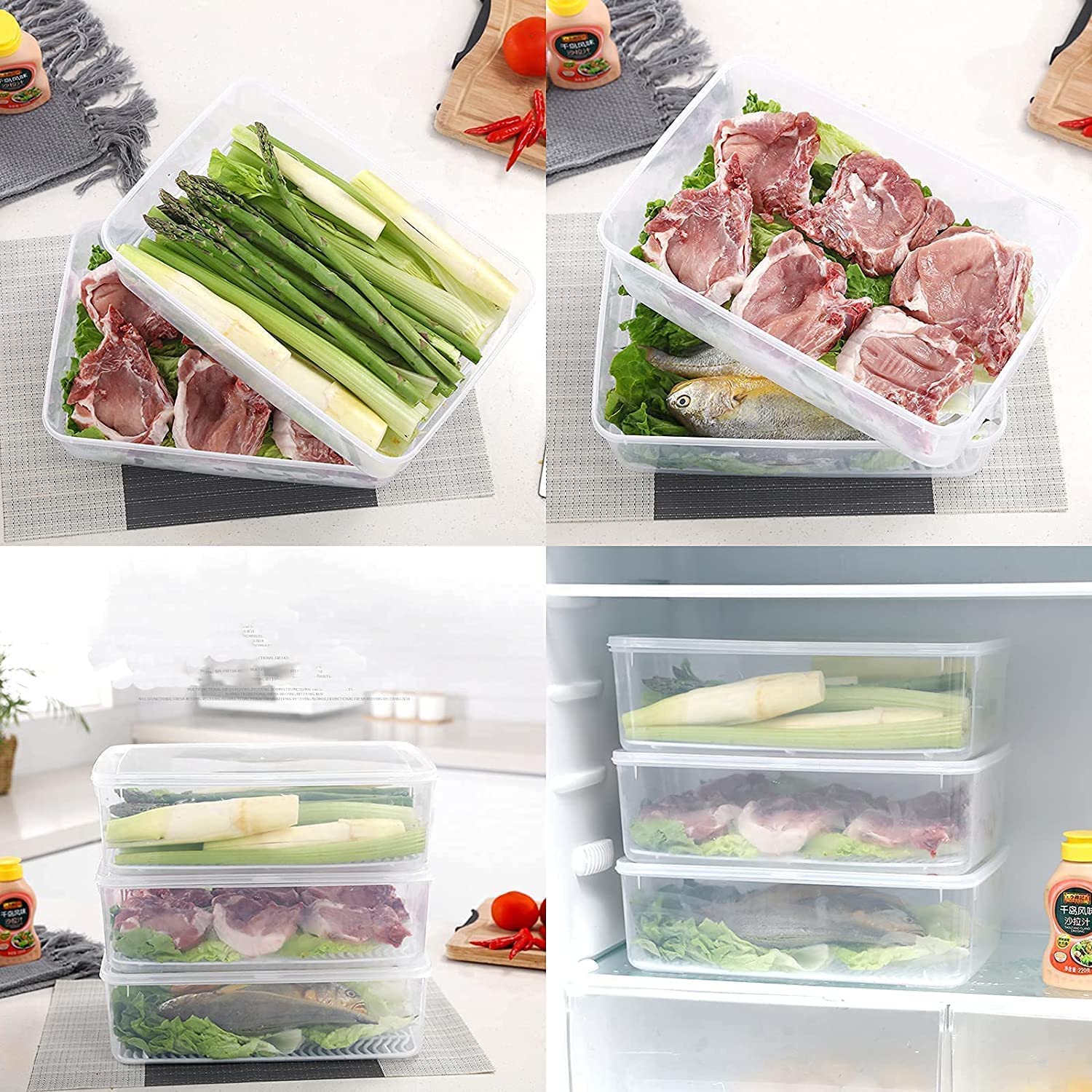 Raawan Cajas de almacenamiento para refrigerador (paquete de 6), organizador de refrigerador con placa de drenaje extraíble y tapa, bandeja de almacenamiento portátil apilable para mantener fresco