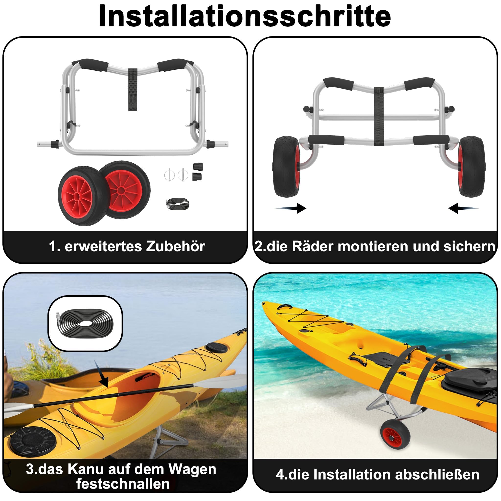 Froadp Kajakwagen Faltbar Kanuwagen Bootswagen mit 3 m Gurtbändern, Aluminiumlegierung Transportwagen für Kajak, Kanu und Boote, bis 100 kg Traglast