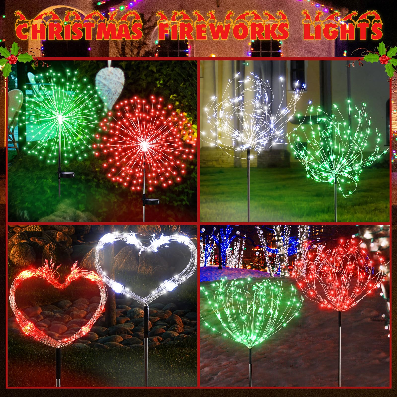 Tujoe Lot de 6 lampes solaires sur piquet de Noël 180 LED 8 modes - Étanches - Décoration d'extérieur pour jardin, terrasse, cour, allée, pelouse, décoration de Noël (rouge, vert, blanc)