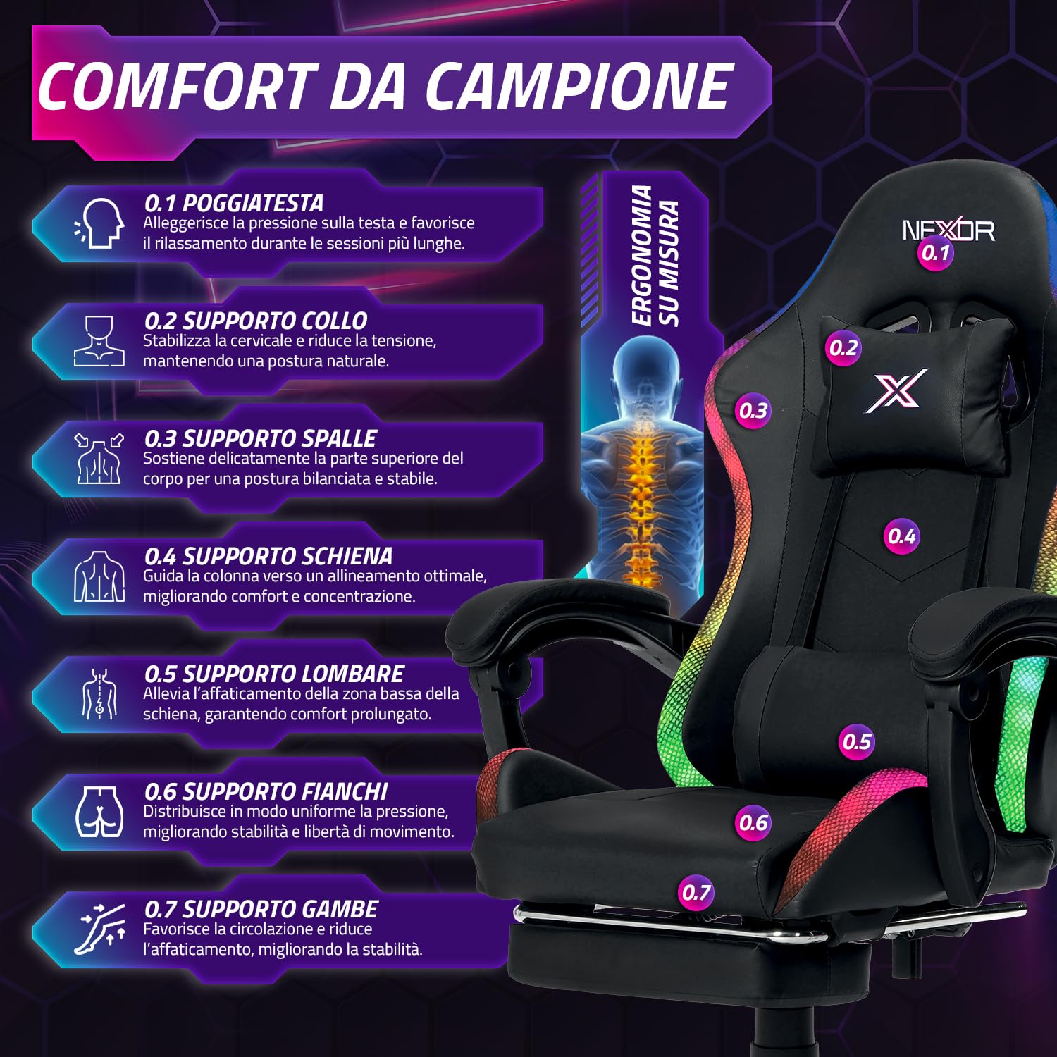 Wintem – – Sedia Gaming con Poggiapiedi Estraibile, Doppio Cuscino e Luci LED RGB USB per Comfort Totale e Design Futuristico Ideale per Gioco, Studio e Ufficio