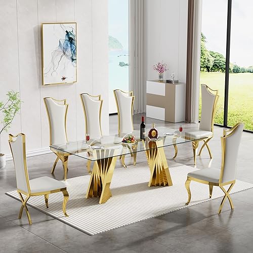 Miniatura 55 de SSLine Moderno juego de mesa de comedor de cristal de 7 piezas para 6 mesas de cocina y sillas de cristal dorado de lujo para 6 elegantes mesas de