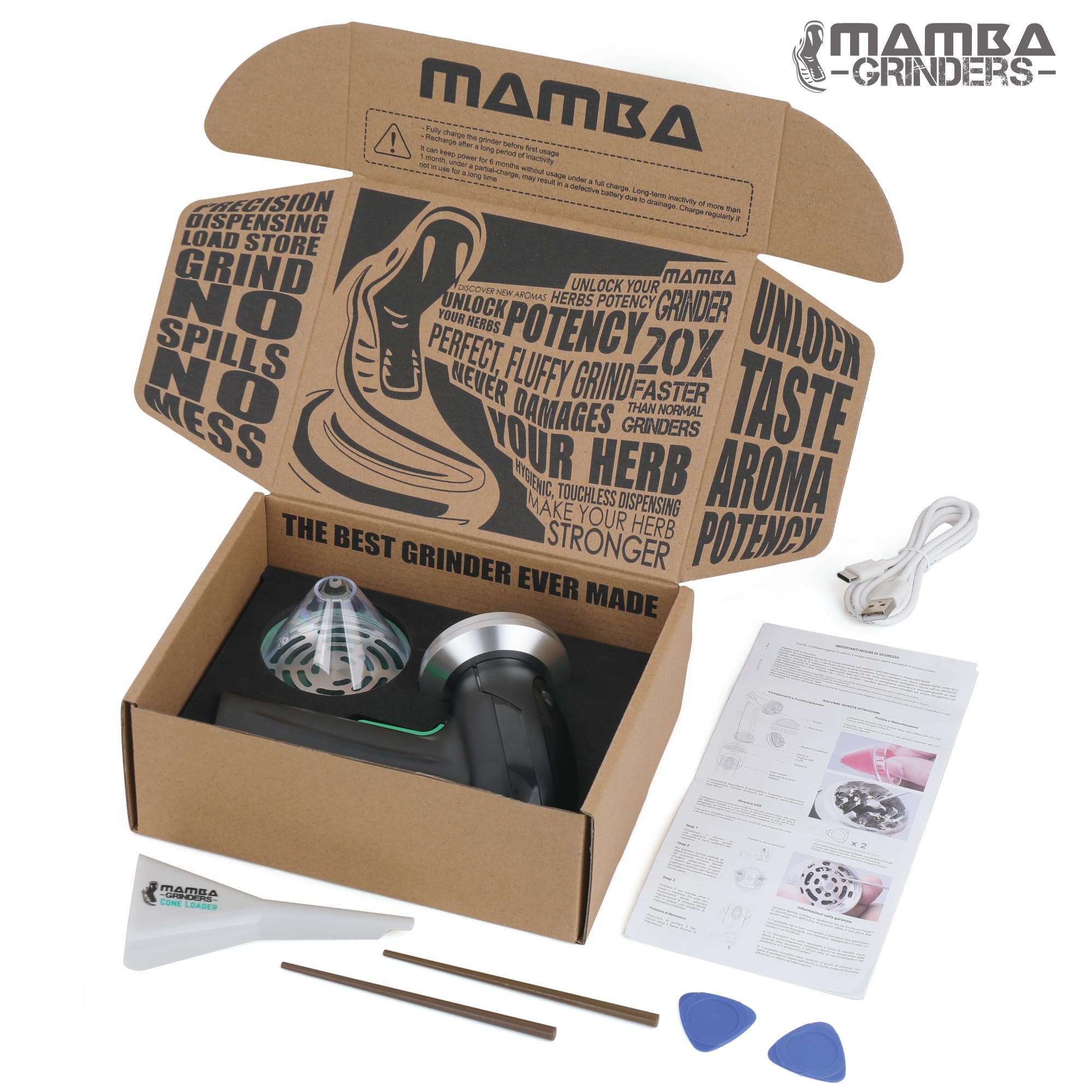 Mamba Grinder Monster – Elektrische Gewürzmühle (Silber) | USB-Aufladbar mit Feinstellfunktion & Dosierhilfe | Leiser Crusher für Kräuter, Gewürze, Kaffee | Inkl. Trichterkopf