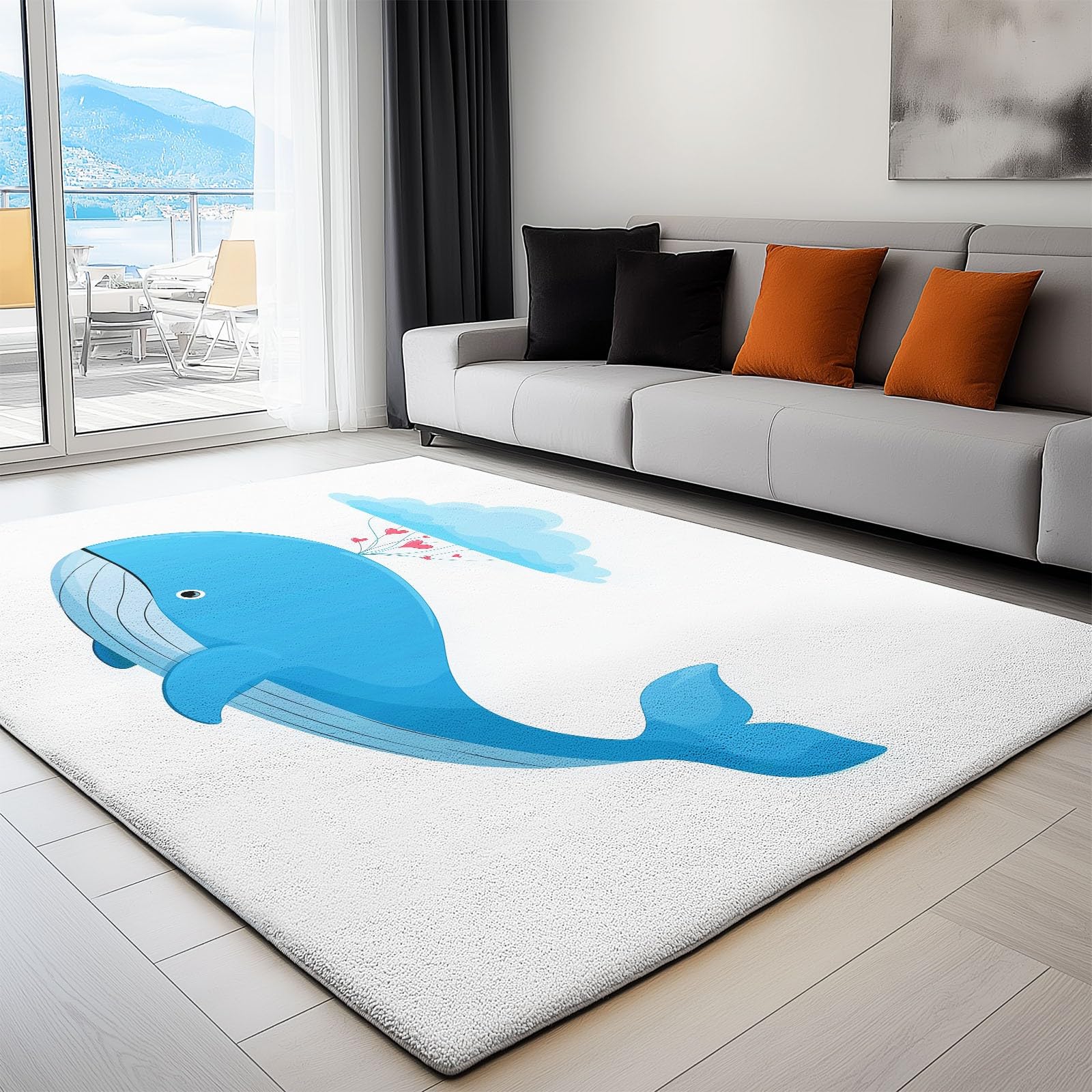 Tappeto - fondo antiscivolo - lavabile - morbido Pelo Corto Tappeti, 80 x 150 cm per camera da letto camera dei bambini ufficio sala da pranzo, Balenottera Azzurra Nuvole Forma Cuore Vapore Bianco