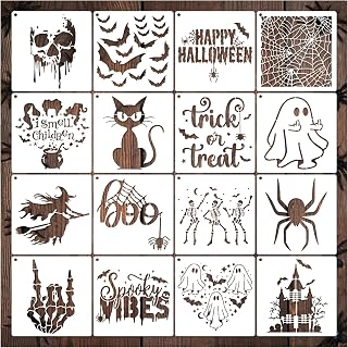 Halloween Stencils for Painting on Wood Crafts, Reusable Large Pumpkin Happy Halloween Hey Boo Spider Web Trick or Treat Witch Stencils for Walls Door Hanger Sign DIY Ornament (16 Halloween 7.87in)
