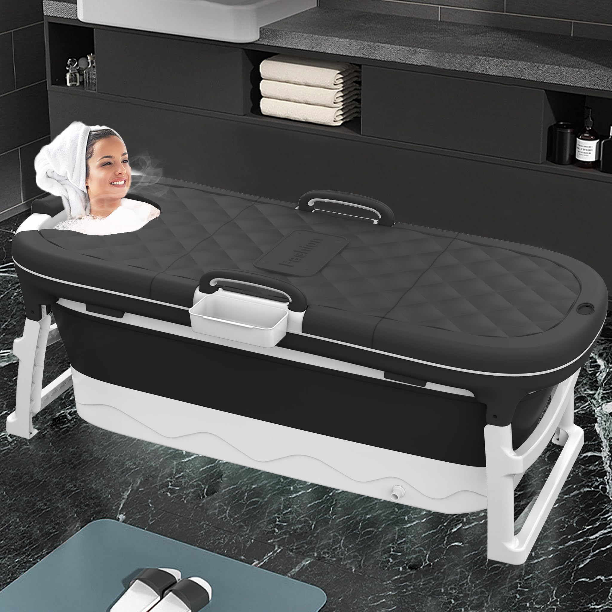 SUBTLETY Vasca da bagno pieghevole portatile per adulti, con copertura rimovibile, rullo per massaggi, cestino per sapone e manico, 138 x 62 x 52 cm, per piccoli bagni SPA (senza tappetino da bagno)