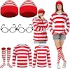 Hicarer 7 Pieces Halloween Cosplay Red and White Striped Shirt Adult Men Womens Halloween Costumes Sweatshirt Wizard Glasses Hat Sock Suits Youth Funny Sweatshirt Outfit Glasses Suits