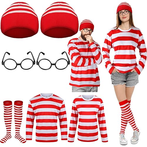 Hicarer 7 Pieces Halloween Cosplay Red and White Striped Shirt