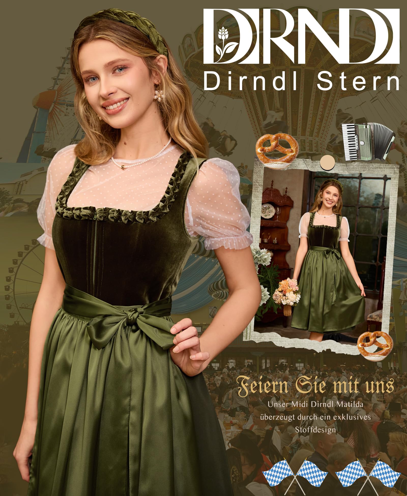 DIRNDLSTERN Damen Dirndlkleid Grün - Trachtenkleid Midi Smat Trachtenrock für Oktoberfest Volksfest