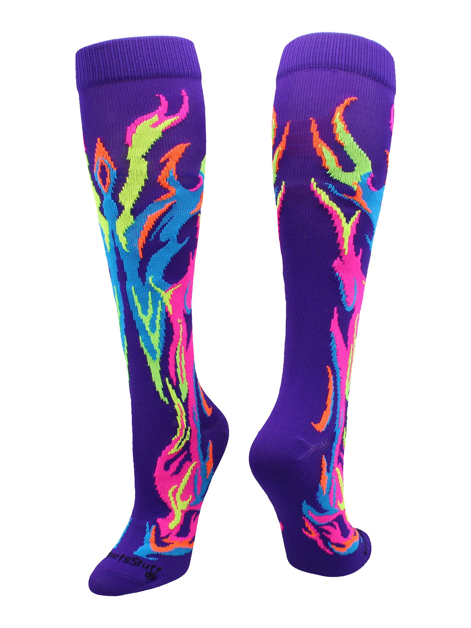 MadSportsStuff(Small, Purple/Multi-Neon) - Flame Socks Athletic Over The Calf Socks (Multiple Colours)