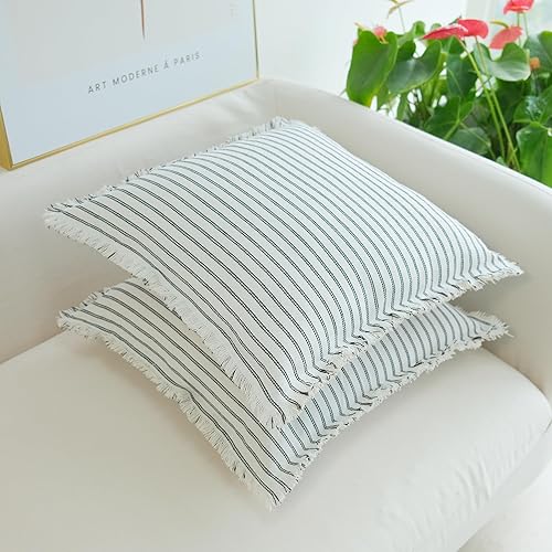 Miniatura 3 de JOJUSIS Paquete de 2 fundas de almohada a rayas con flecos para sofá, dormitorio, funda de almohada rural de 16 x 16 pulgadas, color negro