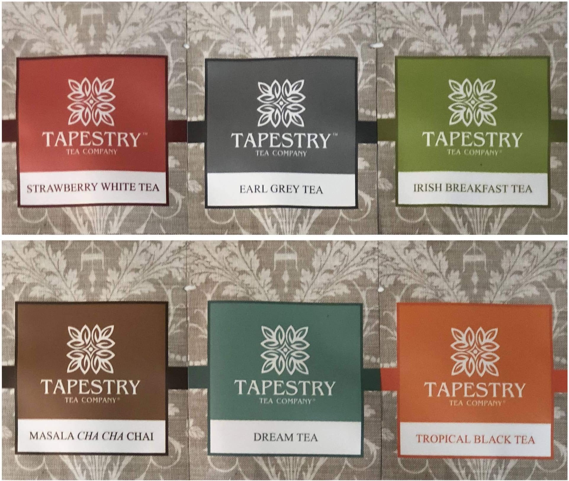 Tapestry Tea Sampler Assorted Specialty Teas Gift Pouch and Coaster - 6 Pack