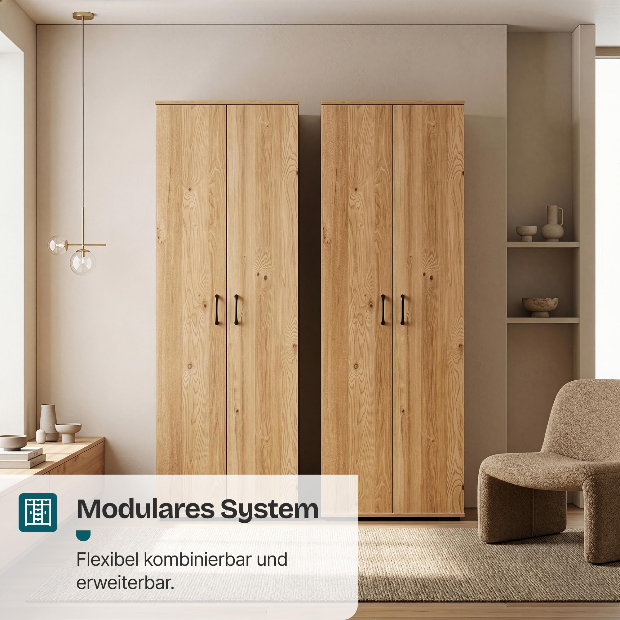 [en.casa] Mehrzweckschrank 60 cm breit Chalvefted Badezimmerschrank schmal 2 Türen Aufbewahrungsschrank Hochschrank Küchenschrank Vorratsschrank Flur Haushaltsschrank 175 x 60 x 35 cm Eicheoptik