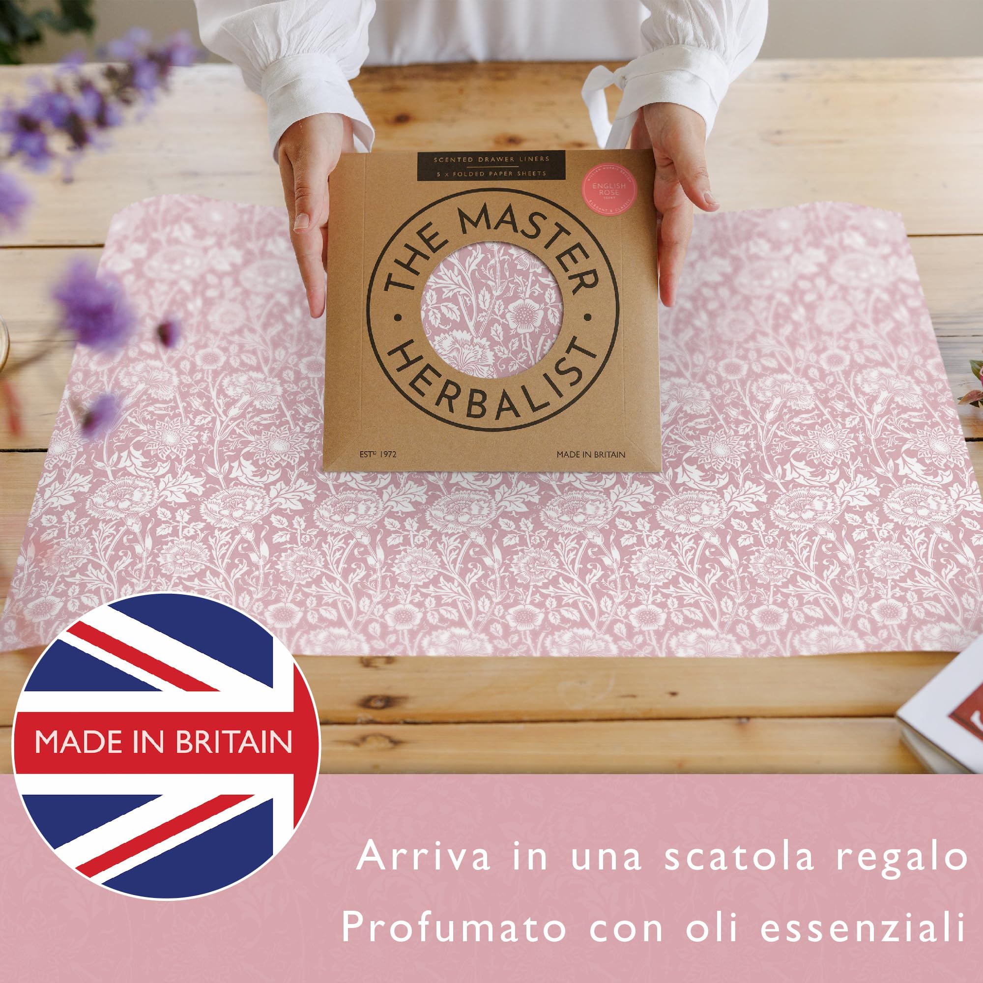 The Master Herbalist Fragranti Fodere per Cassetti Profumate Design William Morris | Confezione da 5 Fogli | Contiene Olio Essenziale (Rosa | Rosa di Eleboro, Folded)