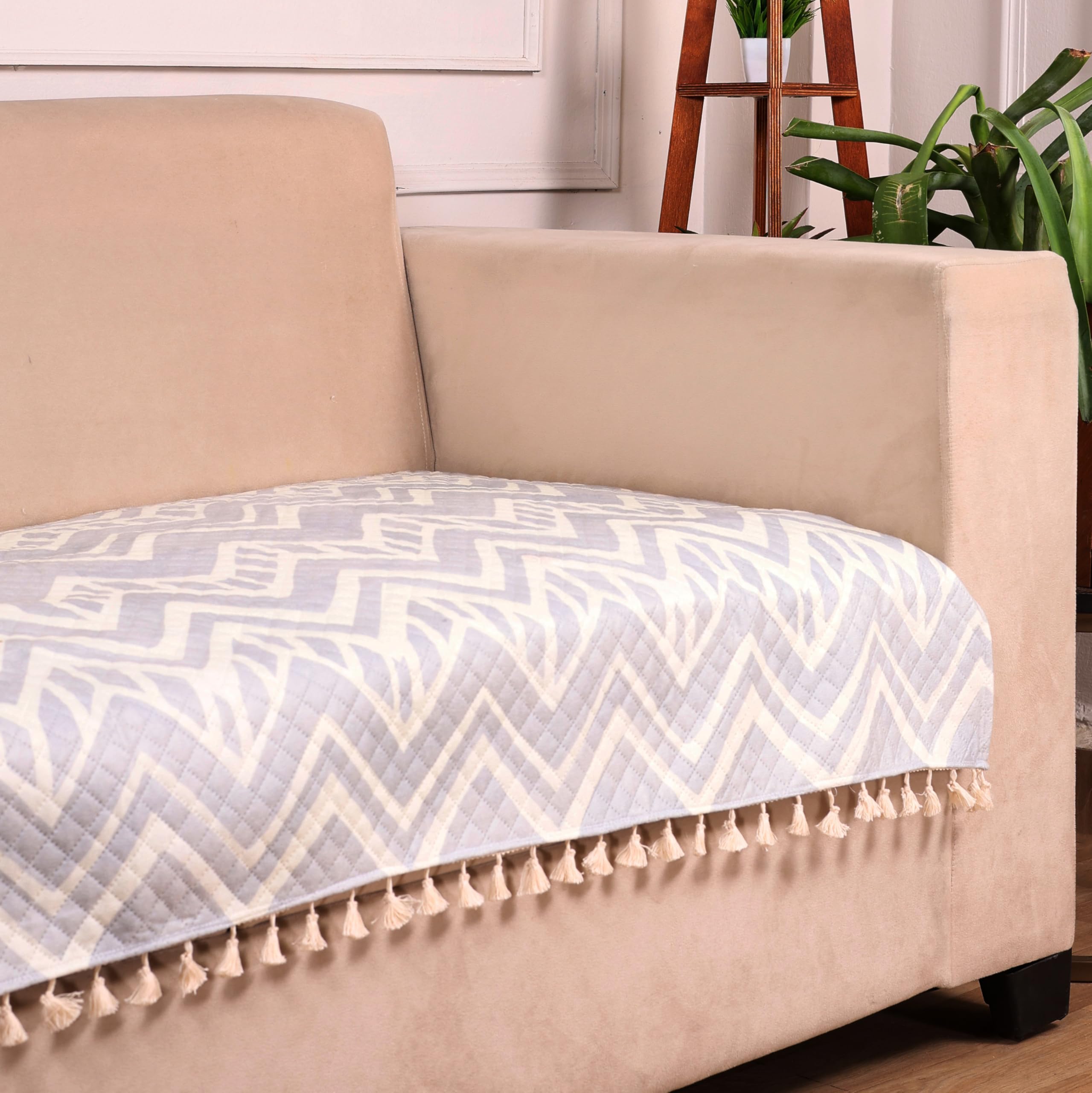 STITCHNEST 1 Seater Printed Quilted Velvet Sofa Slip Cover Protector with Tassels6
